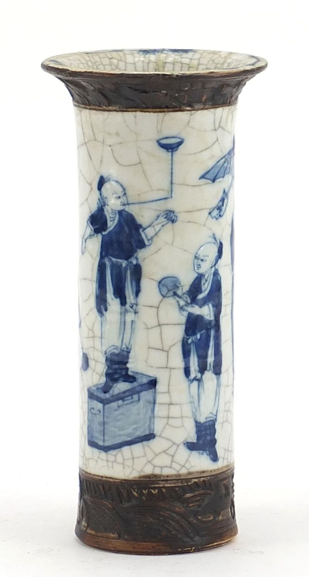 Chinese blue and white crackle glazed porcelain vase hand painted with figures, four figure