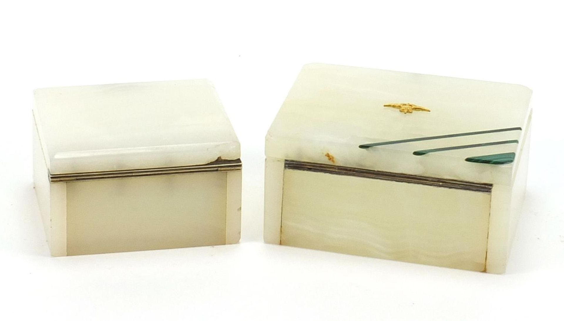 Two onyx cigarette boxes comprising one silver mounted and one with malachite inlay, the largest 6cm - Image 3 of 6