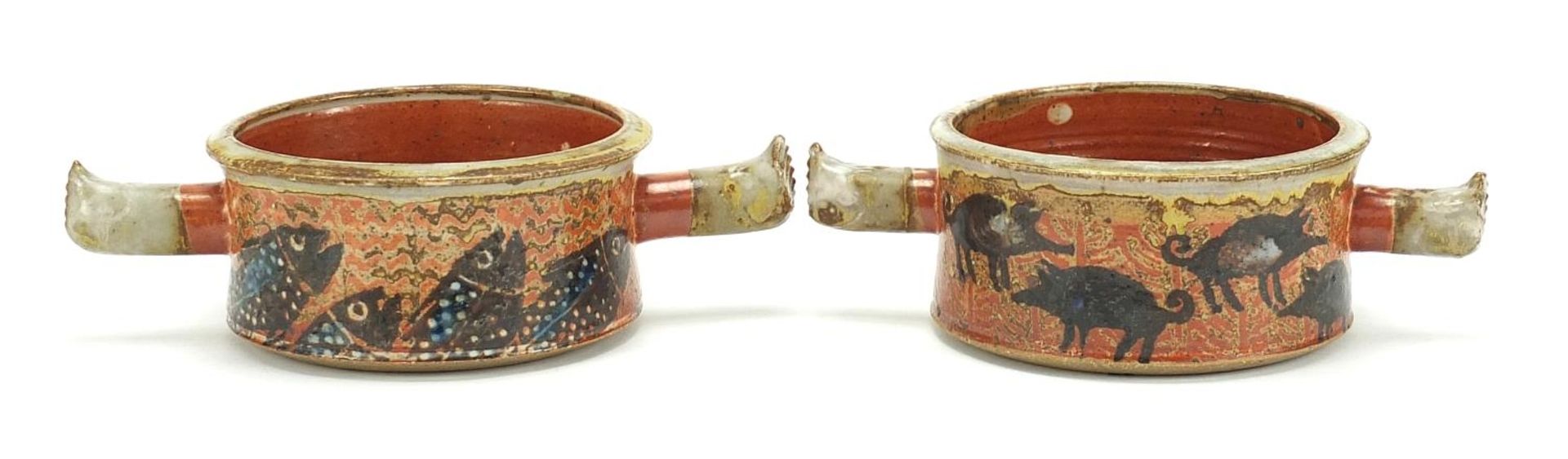 Pair of studio pottery twin handled bowls hand painted with hogs and fish, painted marks to the - Image 3 of 6