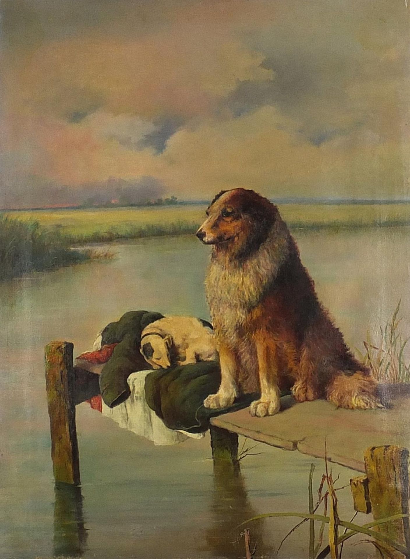 Two dogs on a jetty, late 19th/early 20th century oil on canvas, mounted and framed, 68cm x 50.5cm