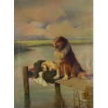 Two dogs on a jetty, late 19th/early 20th century oil on canvas, mounted and framed, 68cm x 50.5cm