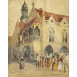 Thomas Edward Roberts '69 - Figures before a church, 19th century watercolour, mounted, framed and