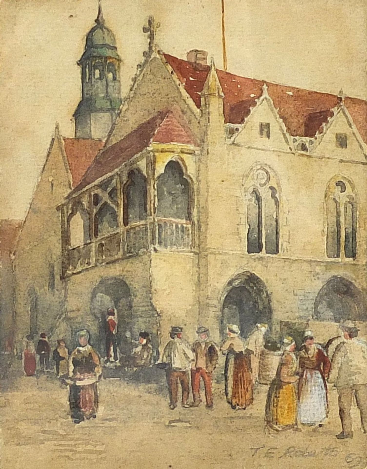 Thomas Edward Roberts '69 - Figures before a church, 19th century watercolour, mounted, framed and