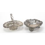 Victorian silver basket with swing handle and a bonbon dish raised on three feet, the basket by