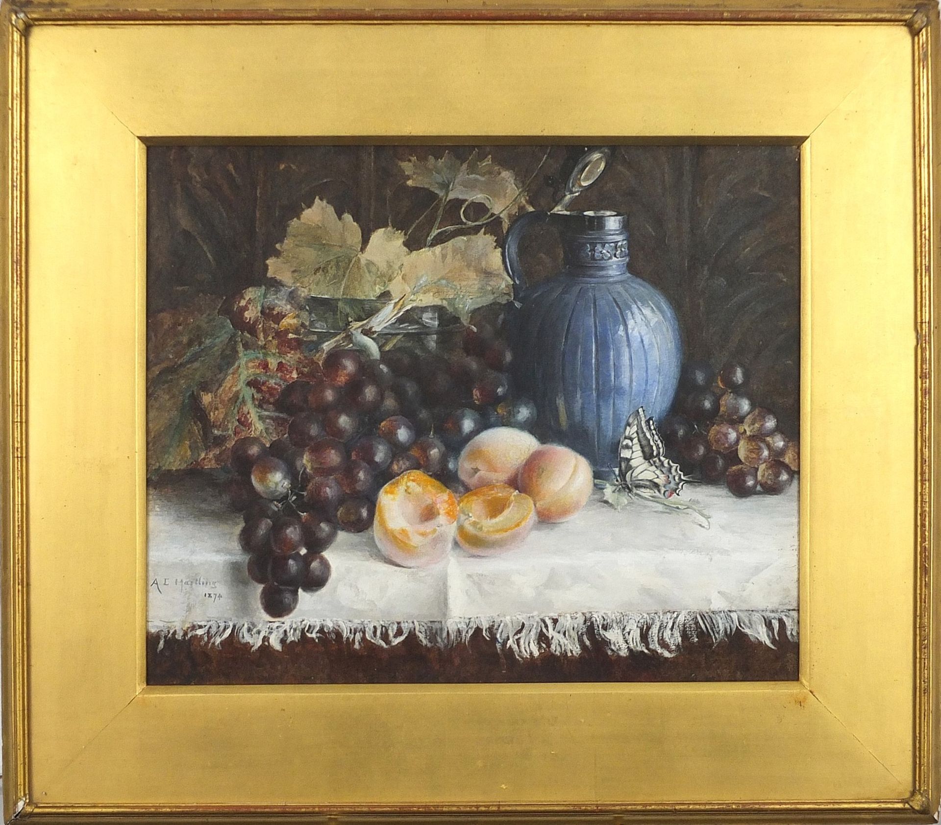 Annie E Hastling 1874 - Still life vessels and fruit, late 19th century tempera, mounted, framed and - Image 2 of 5