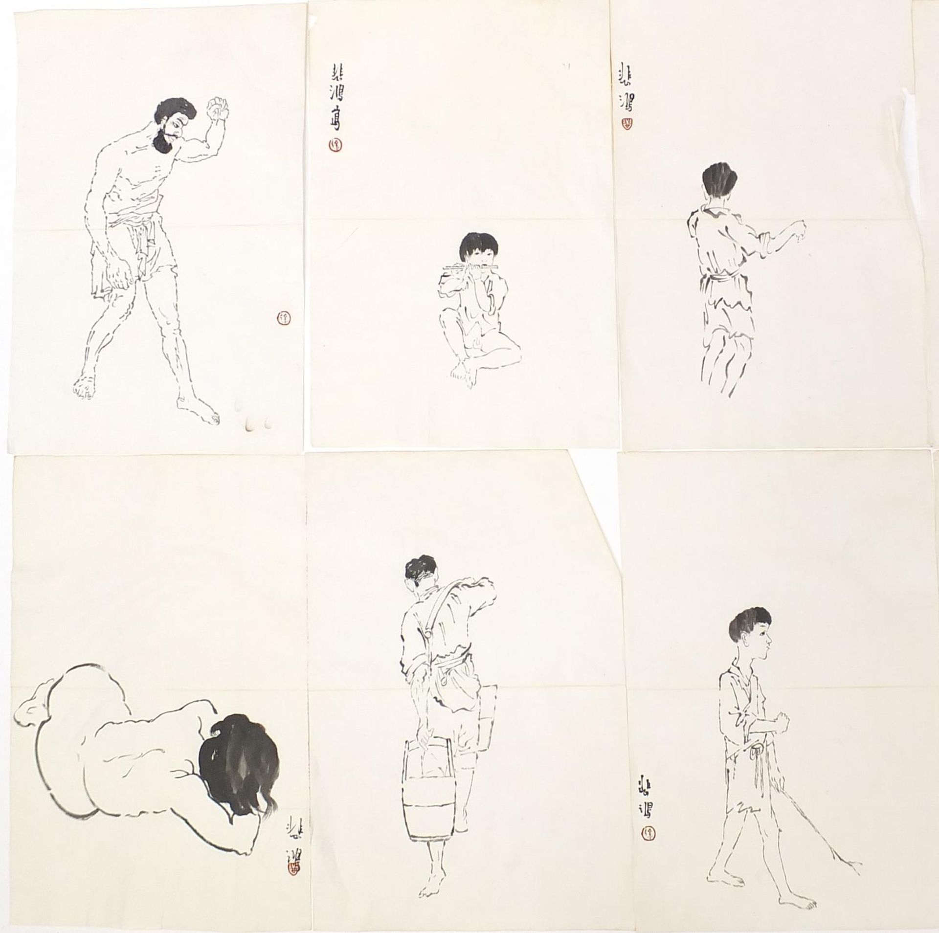 Attributed to Xu Beihong - Figural studies, collection of thirty two Chinese ink drawings, each 42. - Image 9 of 11