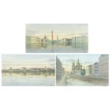 St Petersburg, set of three Russian school heightened watercolours, mounted, framed and glazed,