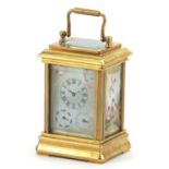 Miniature brass perpetual carriage clock with Sevres type porcelain panels, 7.5cm high :For