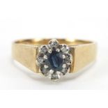 9ct gold sapphire and diamond cluster ring, size P, 3.7g :For Further Condition Reports Please Visit