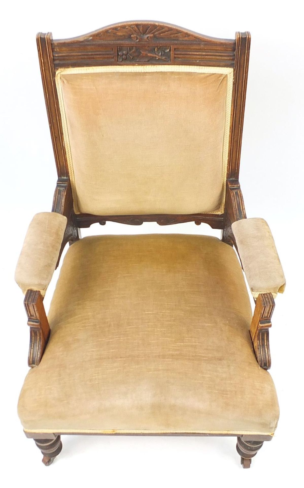 Edwardian carved walnut open elbow chair with beige upholstery, 100cm high :For Further Condition - Image 3 of 4