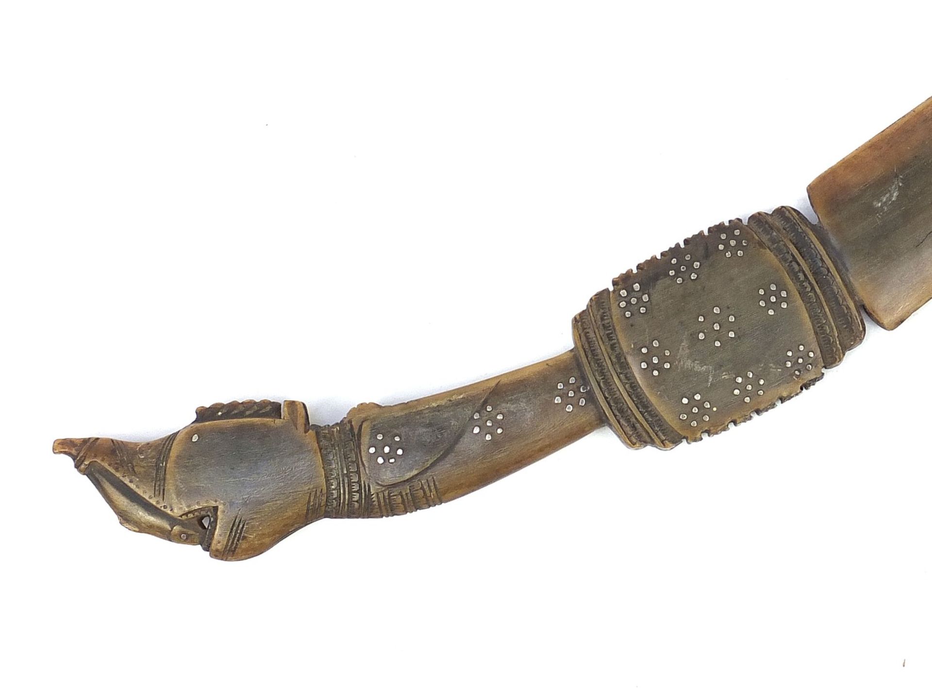 Carved horn letter opener with dragon head handle and metal inlay, possibly rhinoceros, 38.5cm in - Image 5 of 6