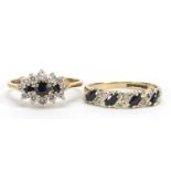 Two 9ct gold sapphire and cubic zirconia rings, sizes J and L, total 3.4g :For Further Condition