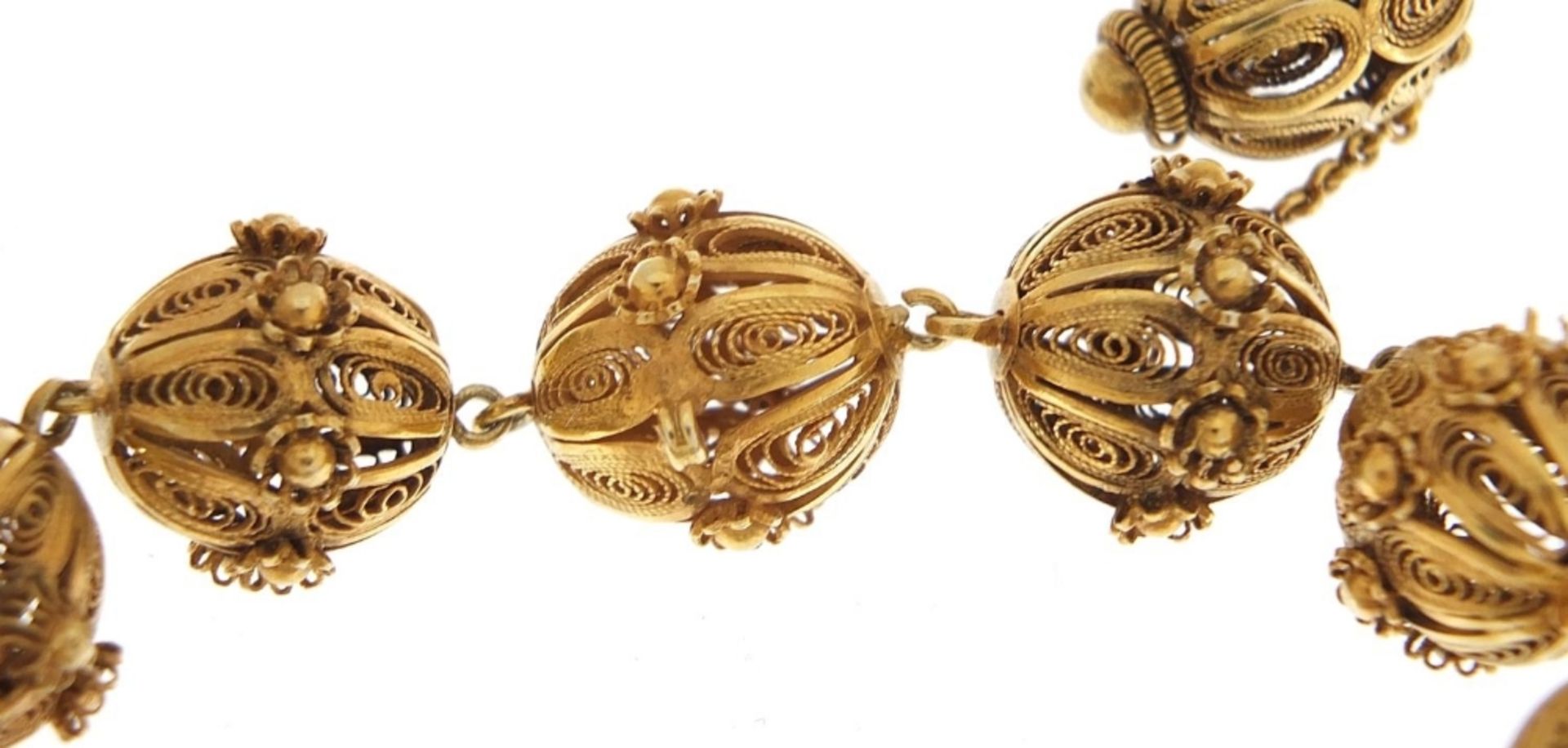 Unmarked gilt metal filigree ball bracelet, 20cm in length, 31.2g :For Further Condition Reports - Image 4 of 4