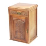 Carved walnut pedestal cupboard with drawer enclosing two shelves, 82cm H x 52cm W x 46cm D :For
