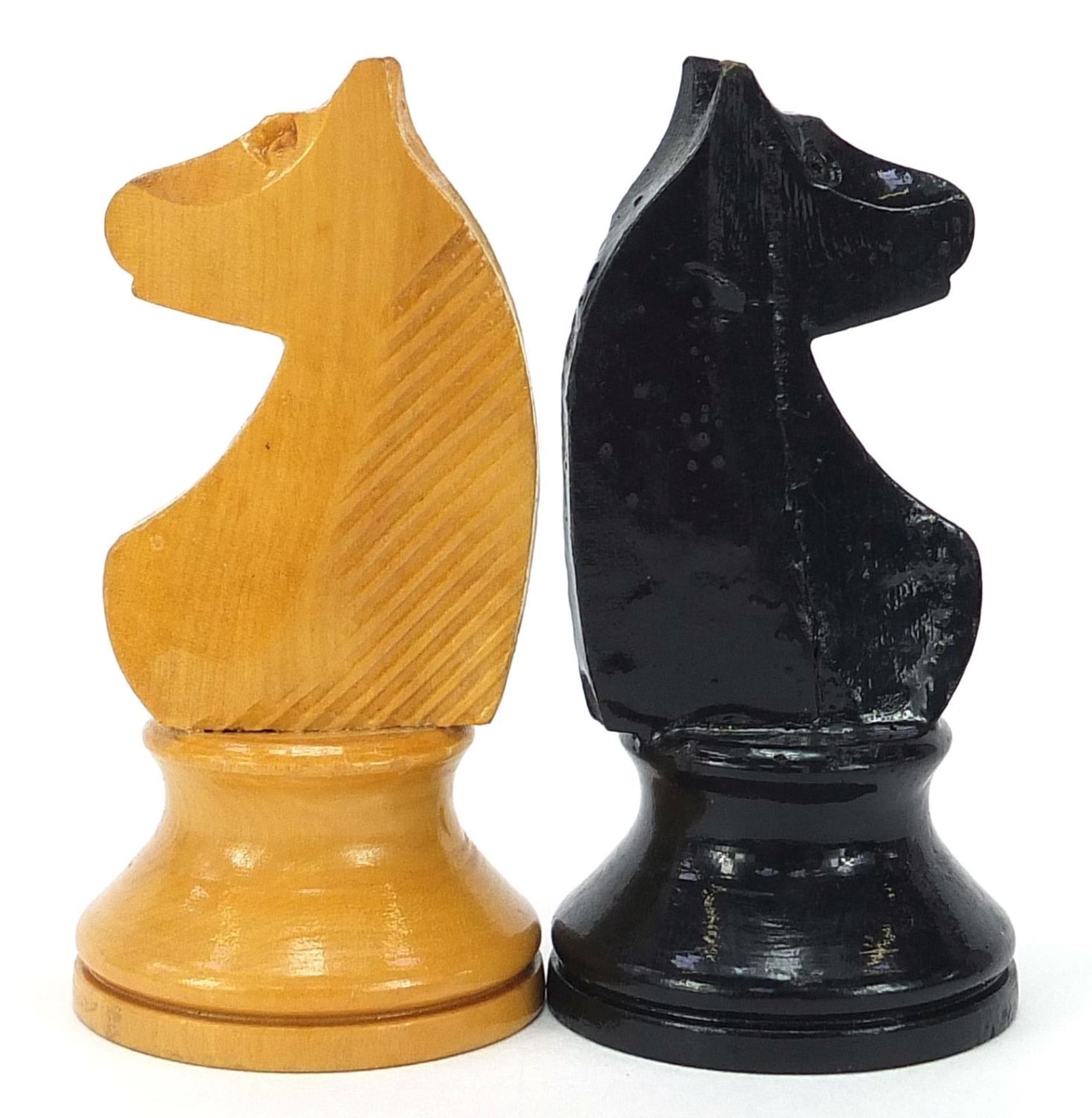 Two Boxwood and ebony design Staunton pattern chess sets with pine crate, the largest pieces each - Image 5 of 6