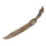 Carved horn letter opener with dragon head handle and metal inlay, possibly rhinoceros, 38.5cm in