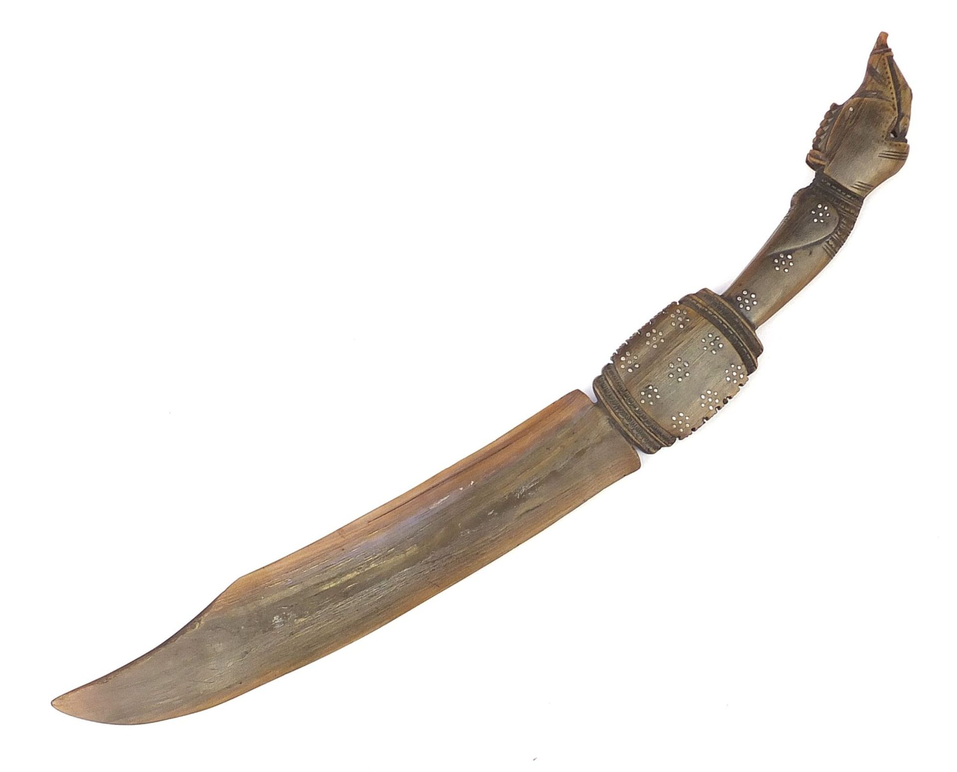 Carved horn letter opener with dragon head handle and metal inlay, possibly rhinoceros, 38.5cm in