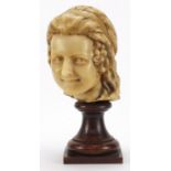 Wax bust of a female raised on turned mahogany pedestal base, 41.5cm high :For Further Condition