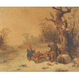 After E Hildebrandt - Three figures around a camp fire, 19th century chromolithograph, mounted,