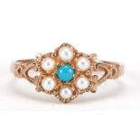 9ct rose gold turquoise and pearl flower head ring, size N, 1.9g :For Further Condition Reports