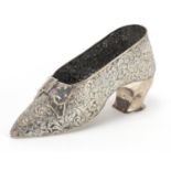 George Nathan & Ridley Hayes, large Edwardian silver ladies shoe profusely embossed with flowers and