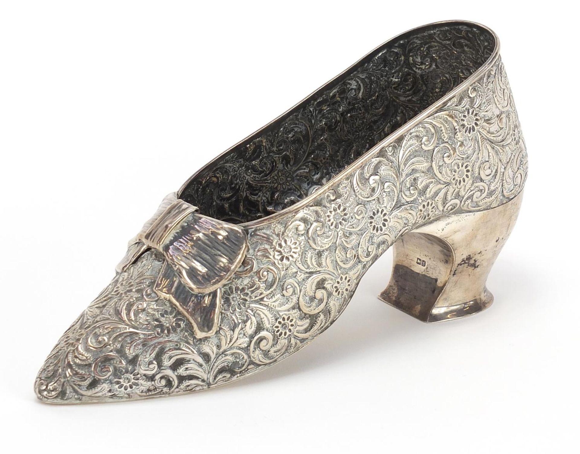 George Nathan & Ridley Hayes, large Edwardian silver ladies shoe profusely embossed with flowers and