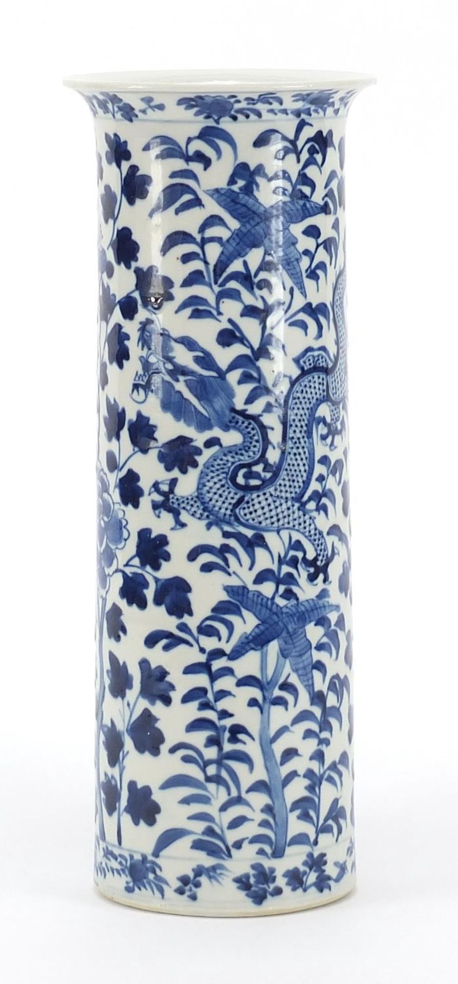 Large Chinese blue and white porcelain cylindrical vase hand painted with two dragons amongst - Image 2 of 8