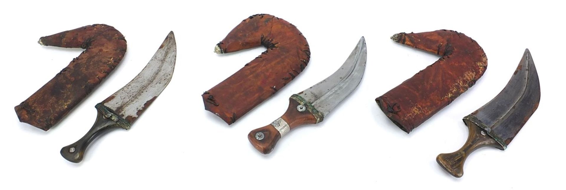 Three Islamic jambiya daggers with horn handles, leather sheaths and white metal mounts, each - Image 4 of 5