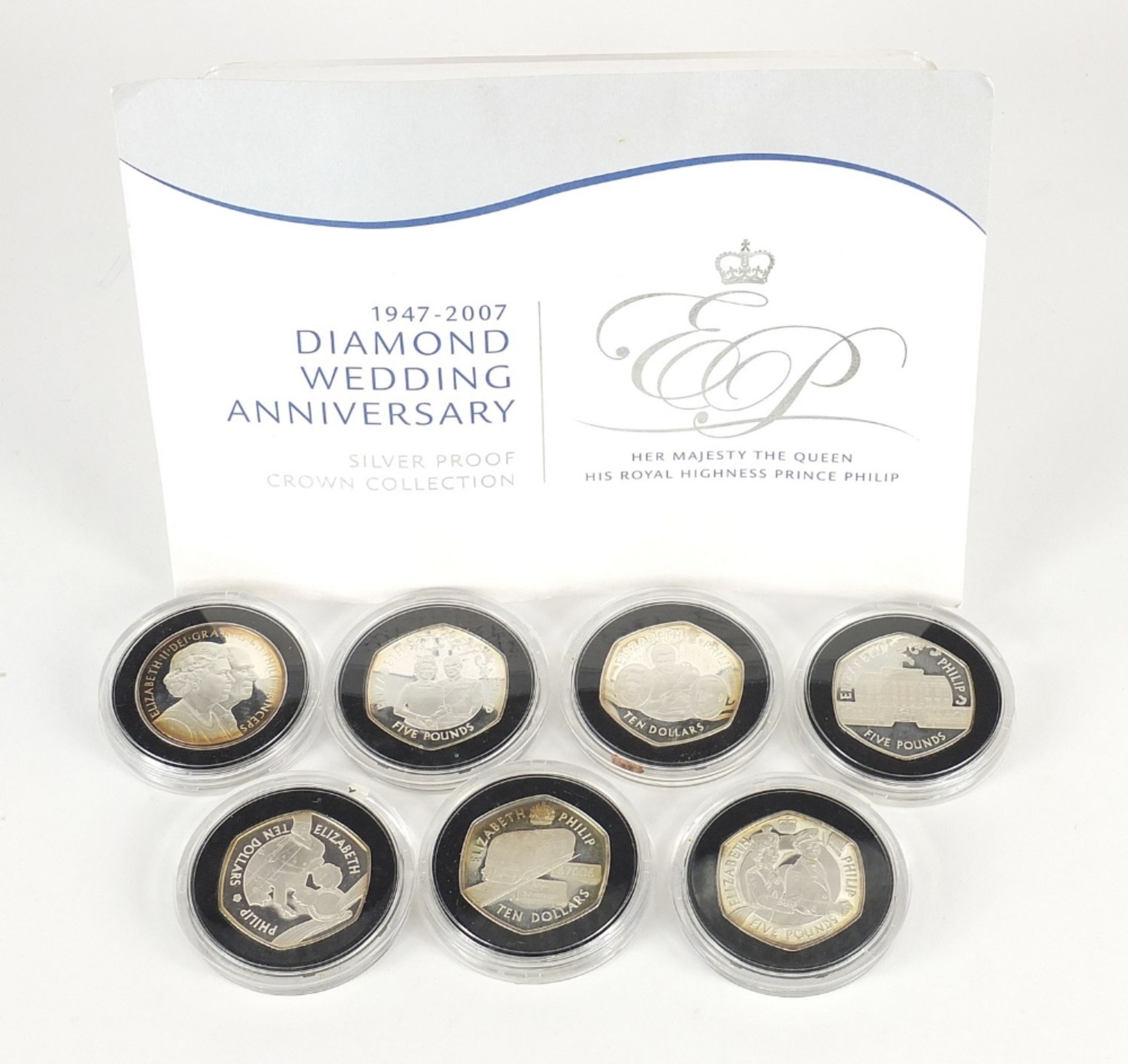 Seven Elizabeth II 2007 diamond wedding anniversary silver proof crowns :For Further Condition - Image 8 of 8
