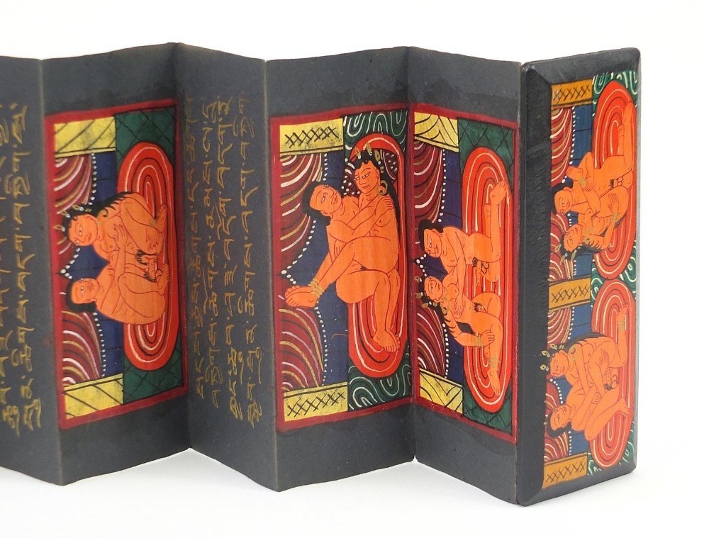 Indian fold out book hand painted with erotic scenes and calligraphy, 19.5cm x 7.5cm when closed : - Image 5 of 12