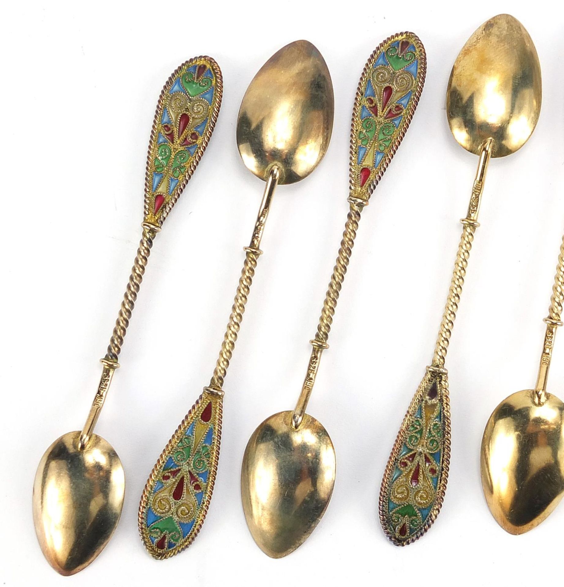Johan G Kjaerland, set of eight Norwegian silver gilt and plique à jour enamel teaspoons housed in a - Image 8 of 11