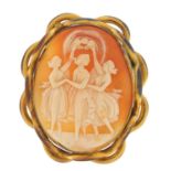 Large Victorian 'Three Graces' cameo brooch with gold coloured metal mount, 6cm high, 26.5g :For