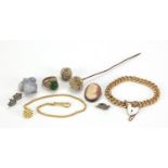 Vintage and later jewellery including a carved opal frog in the style of Faberge, gold coloured