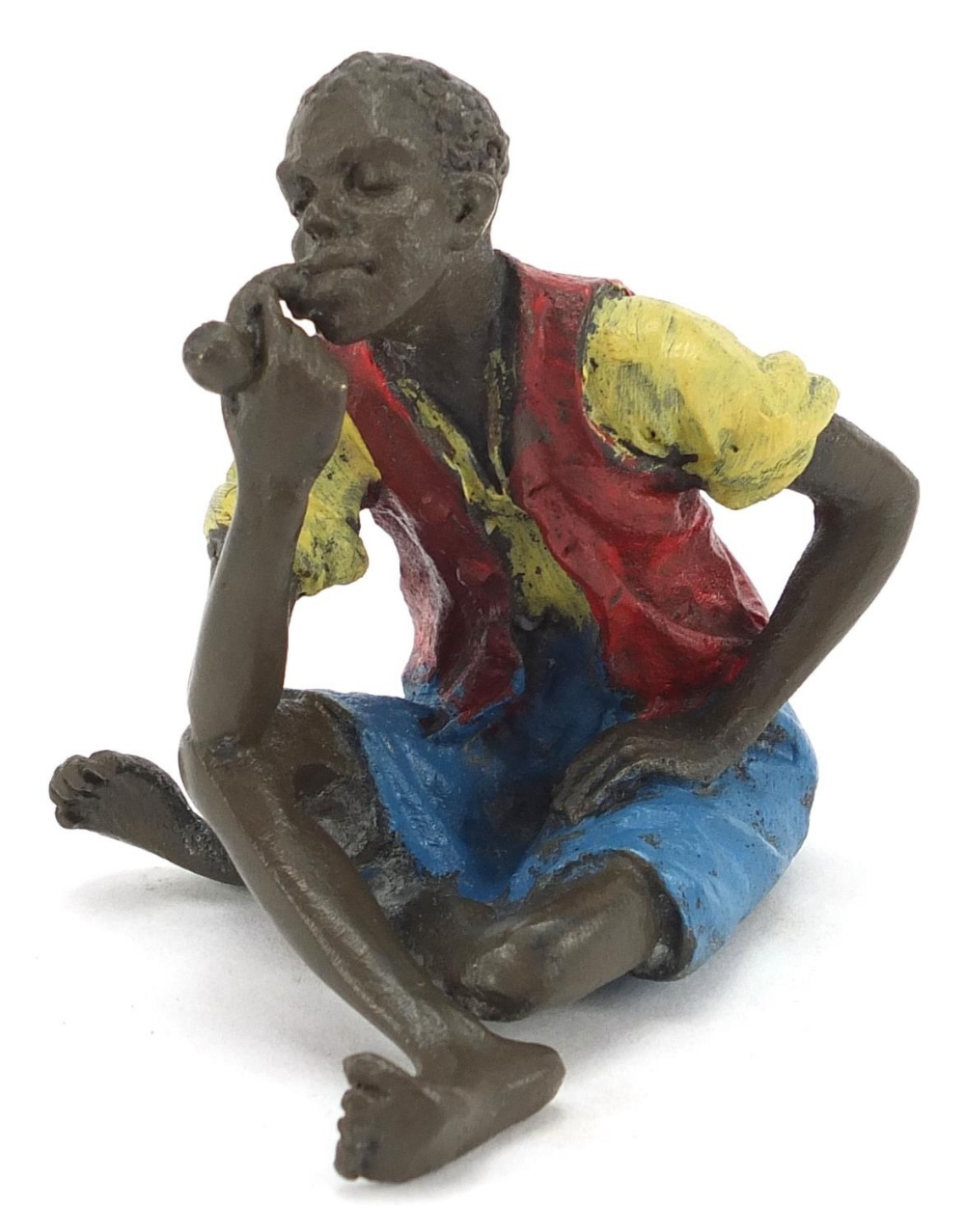 Cold painted bronze figure of a man smoking a pipe in the style of Franz Xaver Bergmann, 6cm high :