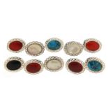Ten silver cabochon stone brooches including mother of pearl, turquoise and carnelian, 2.6cm wide,