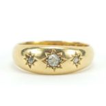 Victorian 18ct gold diamond three stone gypsy ring, Birmingham 1899, size L/M, 5.0g :For Further