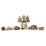 Chinese soapstone carvings including a vase on stand and an Emperor, the largest 15.5cm wide :For