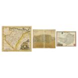 Three antique hand coloured maps including one of Sussex and one of Somersetshire, each framed and
