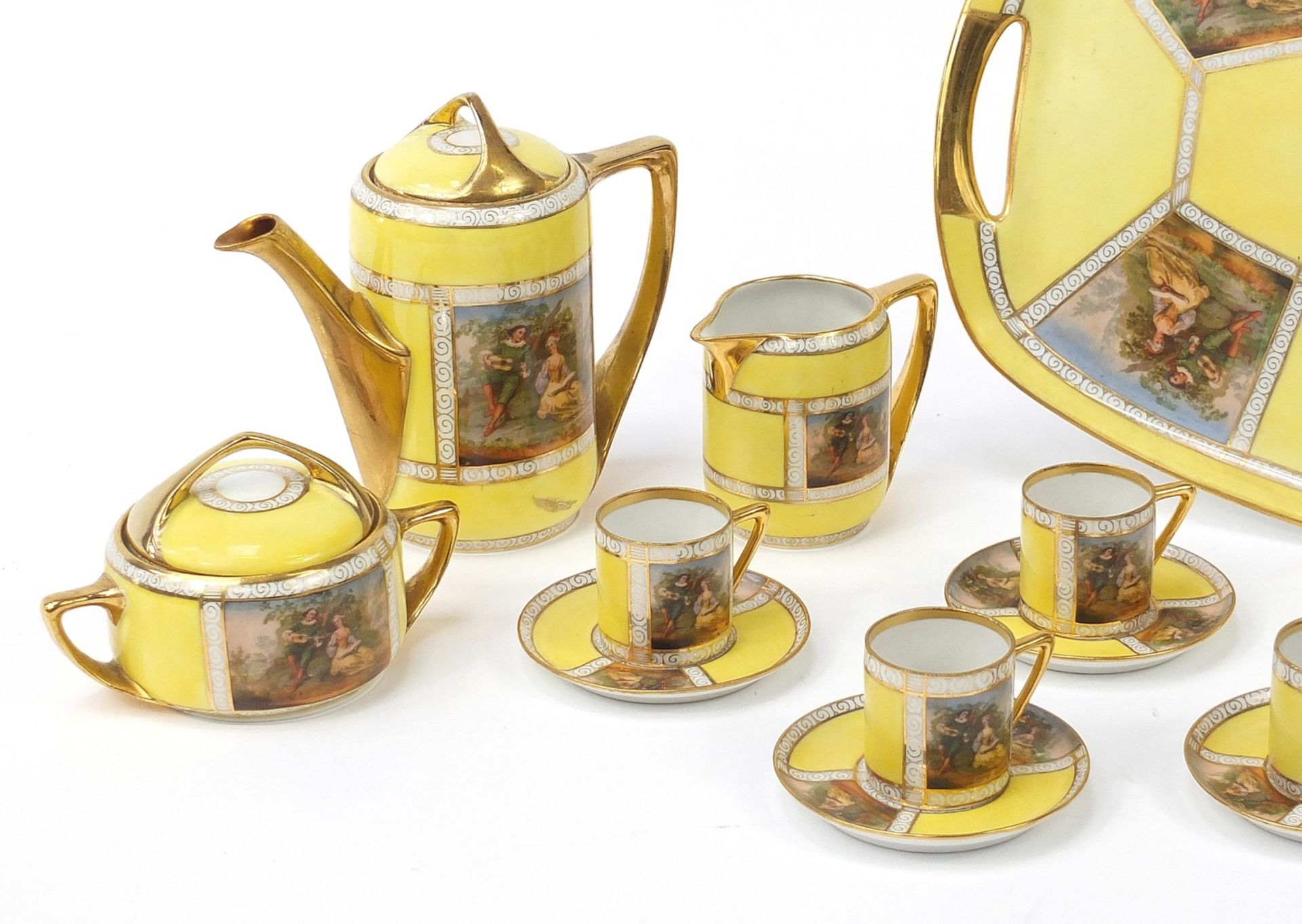 Czechoslovakian Royal Vienna style yellow cabaret set decorated with lovers comprising a coffee pot, - Bild 2 aus 5