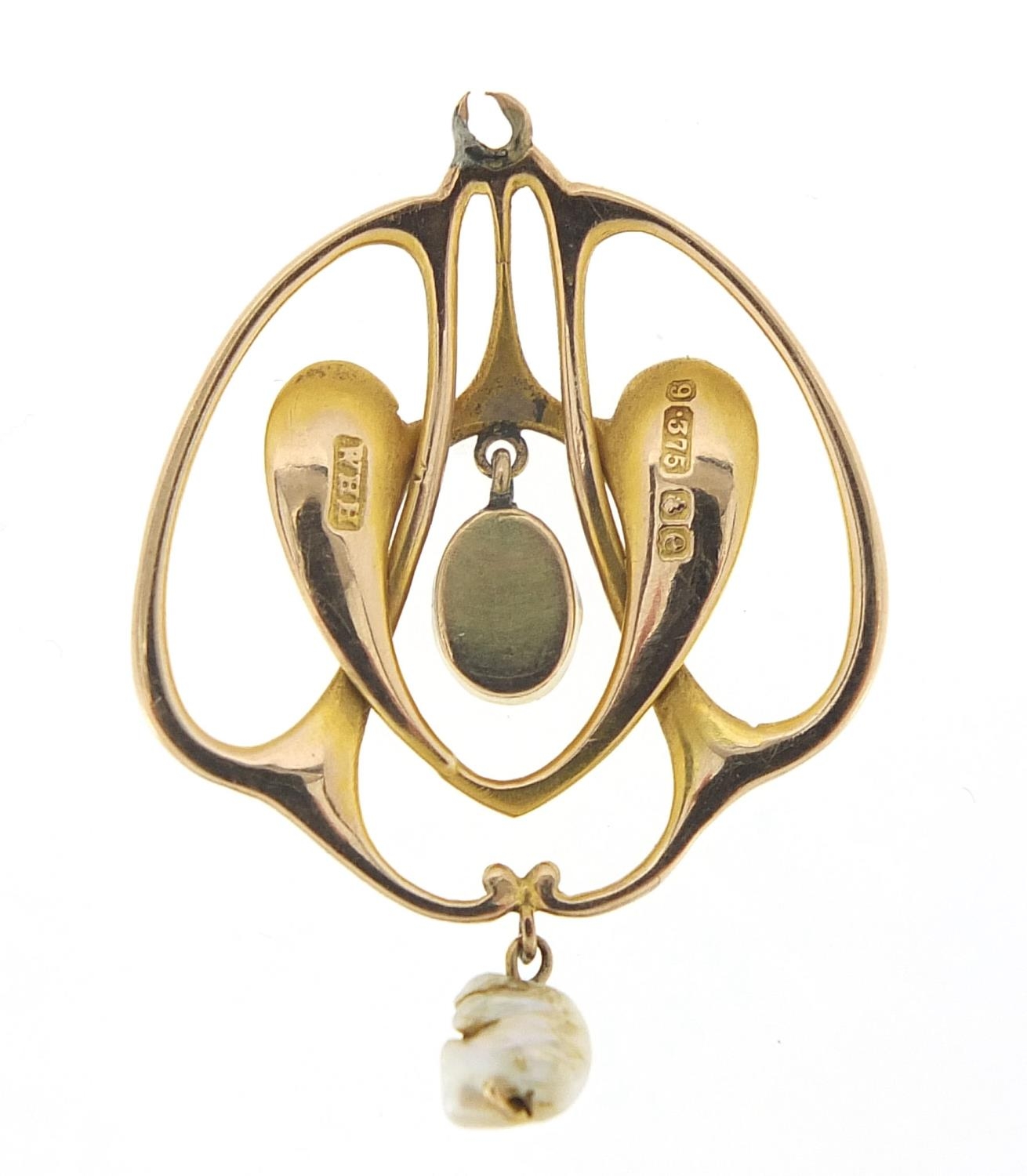 William Hair Haseler, Art Nouveau 9ct gold and mother of pearl pendant, 3.8cm high, 2.7g :For - Image 2 of 3