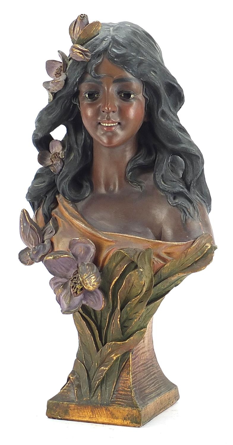 Art Nouveau painted terracotta vase bust of a maiden impressed Oriela to the reverse and numbered