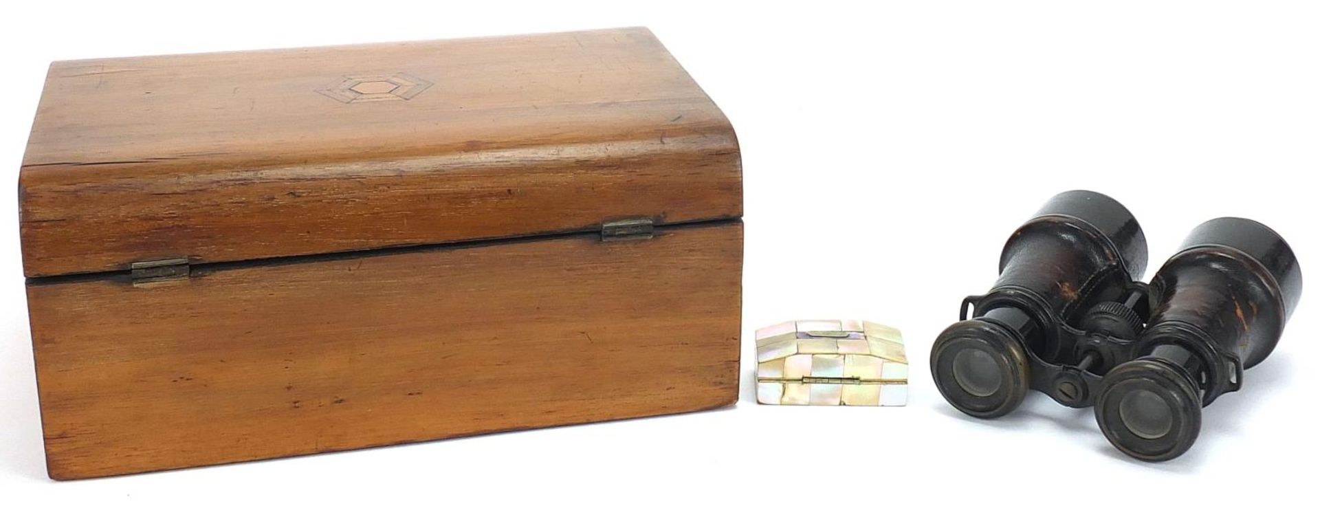 Sundry items comprising a Victorian walnut workbox, mother of pearl casket and pair of World War I - Image 3 of 5