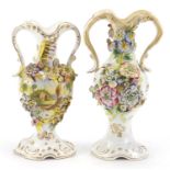 Two 19th century floral encrusted vases with twin handles including one hand painted with a pastoral