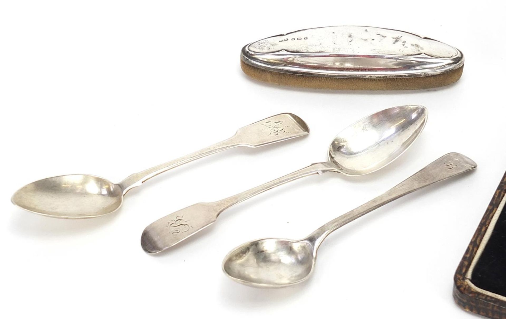 Silver items comprising coffee bean spoons and sugar tongs with fitted case, three antique spoons - Image 2 of 4