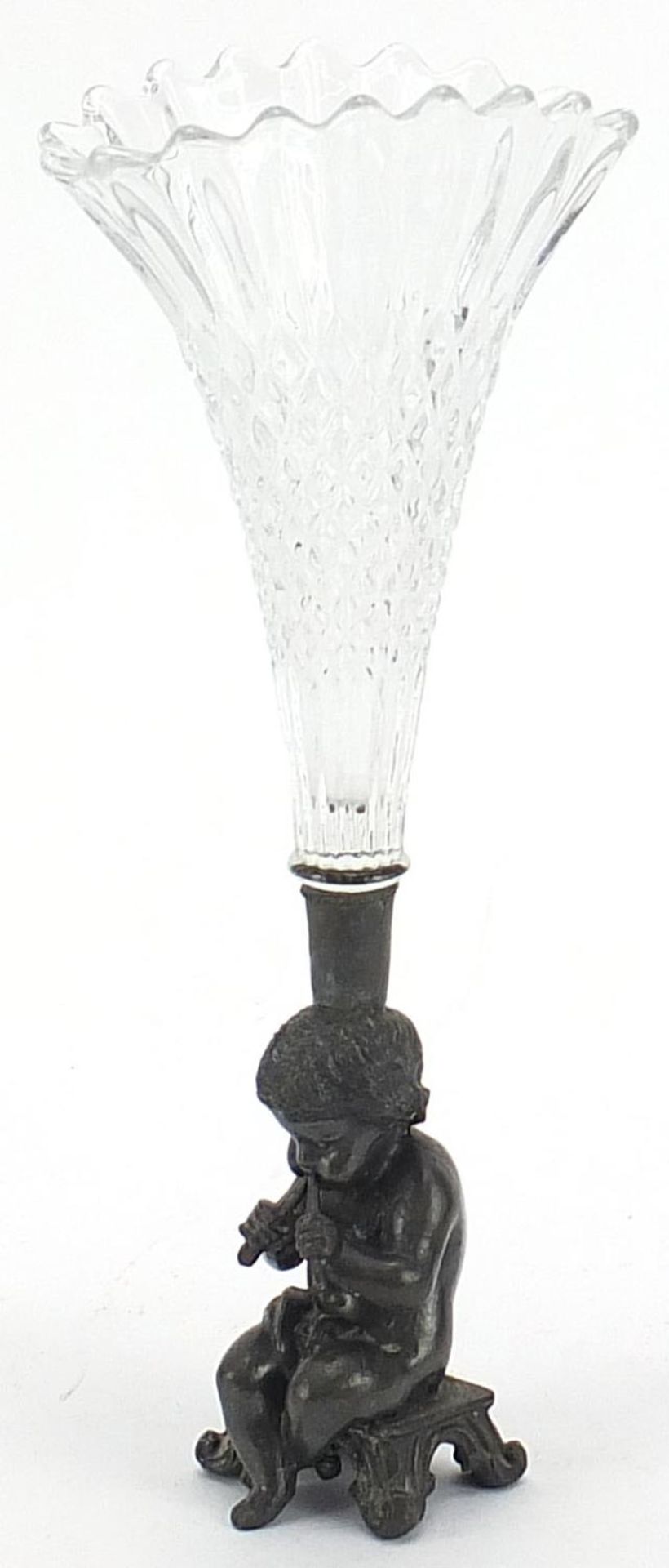 Classical pewter and glass single epergne with Putti base, 24cm high :For Further Condition