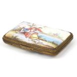19th century Continental enamel cigarette case finely hand painted with lovers beside water and a