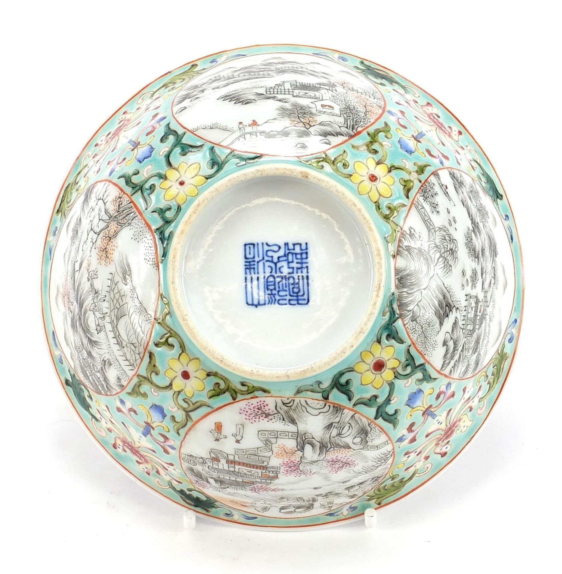 Chinese blue and white porcelain bowl with en grisaille landscape panels, hand painted in the - Image 6 of 8