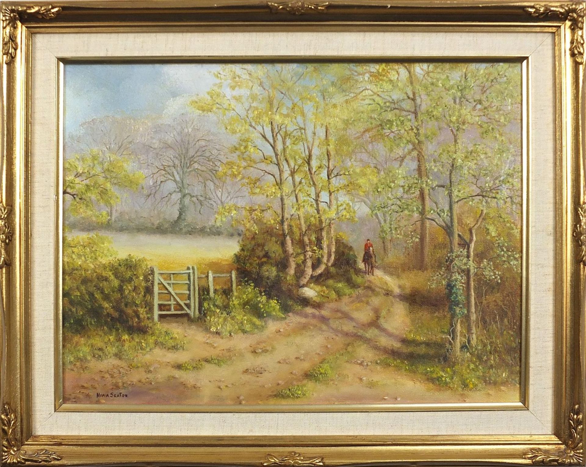 Nina Sexton - Moored at Fiddinghoe and Huntsmen in woodland, two oil on canvasses, the largest - Image 8 of 10