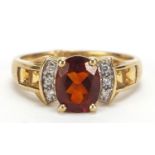 9ct gold garnet, diamond and citrine ring, size R, 3.5g :For Further Condition Reports Please