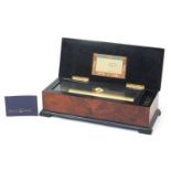Reuge Music Sublime Harmonie music box housed in a burr wood case inlaid with a mandolin and